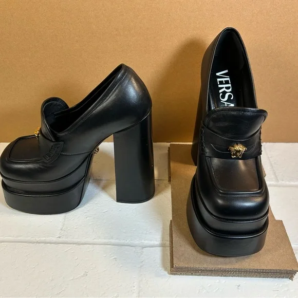 Versace Aevitas Black and Gold Platform Heels - Picture 7 of 9